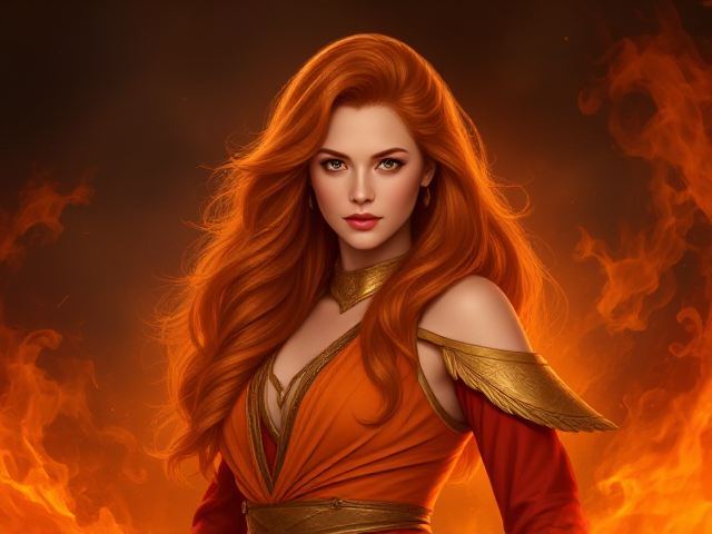 Name: Lila Solaraine
Age: 250 (but appears 25)
Race/Species: Elemental Phoenix
Physical Appearance: Lila boasts fiery red hair that cascades down her back like a molten waterfall, framing a face both fierce and alluring. Her eyes are a mesmerizing swirl of oranges and yellows, reminiscent of the sun's corona. Her skin is a warm, radiant gold, and she stands tall with the grace of one who has danced in the heart of a volcano. Her attire consists of flowing garments of crimson and gold, adorned with the ashen feathers of her phoenix heritage.

Background: Born in the fiery lands of Pyrosia, Lila is the last of the Solaraine lineage, a dynasty of phoenixes known for their mastery over fire and sun magic. Her ancestors were guardians of ancient tomes that contained the secrets of their elemental powers. When Pyrosia faced a devastating calamity, Lila was sent to the human realm as an infant to protect these sacred texts. Raised by scholars, she grew up in a hidden sanctum, mastering her heritage and yearning for the day she could return and restore her homeland.

Personality: Intelligent and fiercely independent, Lila's wit is as sharp as the flames she wields. She is driven by a burning passion for knowledge and a fierce loyalty to her friends. Her curiosity often leads her into dangerous situations, but her charismatic charm tends to win over adversaries. Despite her fiery exterior, she harbors a gentle, empathetic heart that glows with warmth for those she loves. Her humor is a delightful blend of sarcasm and playfulness, yet she can be unyielding in her pursuit of justice.