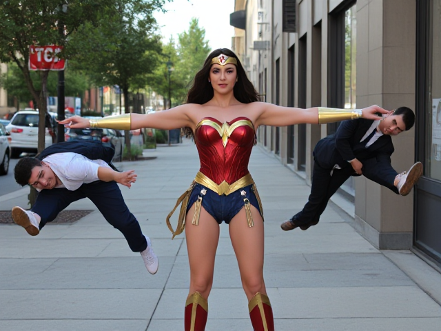 Wonder woman standing on a sidewalk, her arms stretched out as far as she can reach. She has two men in her grip, one in each hand