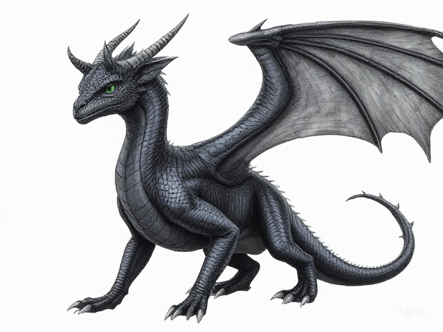 Young Female dragon with dark, midnight blue scales and obsidian black wings; obsidian black underbelly and clawed feet. She has small spikes that anlign from her head horns down to her back jaw. Her eyes are venom green. Narrow, beautiful face and an elegantly long neck. Has ears like a horse. Powerfully and dominantly built with taut muscles under her scales. She moves purposefully and proudly; has an expression of maturity and seriousness in her face
