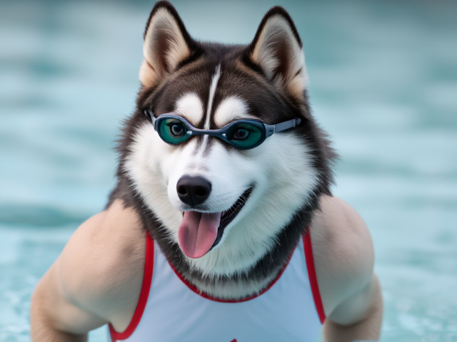 A anthropomorphic Siberian husky wearing an adidas swimsuit and swimming goggles