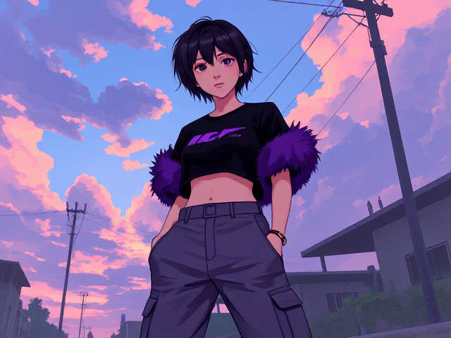 baggy cargo pants, crop top, black and purple fluffy shirt hair. Nonbinary. Oc