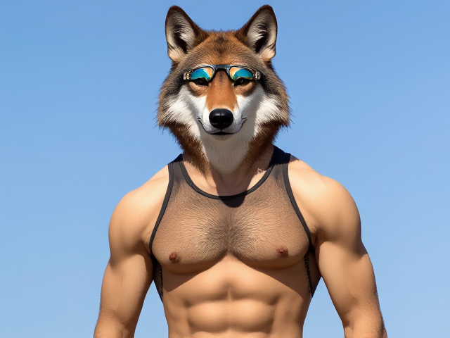 A tall and lean anthropomorphic timber wolf with a long torso and broad shoulders wearing a high cut Nike one piece swimsuit and swimming goggles