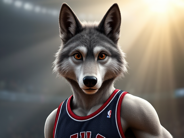 A tall and lean anthropomorphic gray wolf basketball player