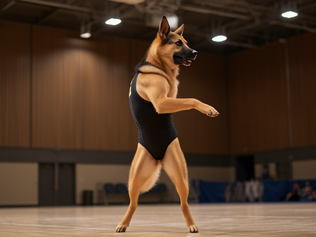 Anthropomorphic German shepherd, athletic build, wearing a gymnastics leotard, performing in a gymnasium with strong lighting and detailed background