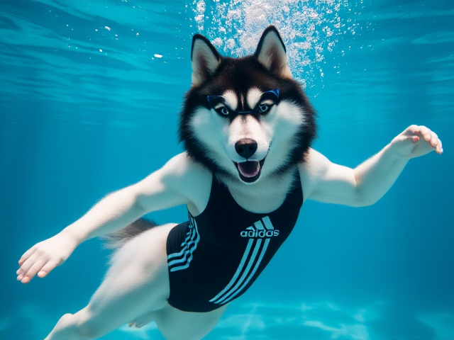 A anthropomorphic Siberian husky wearing an adidas swimsuit and swimming goggles dancing underwater
