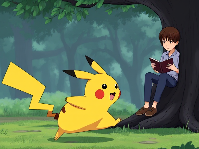 Un pikachu qui poursuit un garçon avec de cheveux longs et bruns ,à côté il y’a un garçon avec les cheveux courts et lisse qui lit un livre sur un arbre