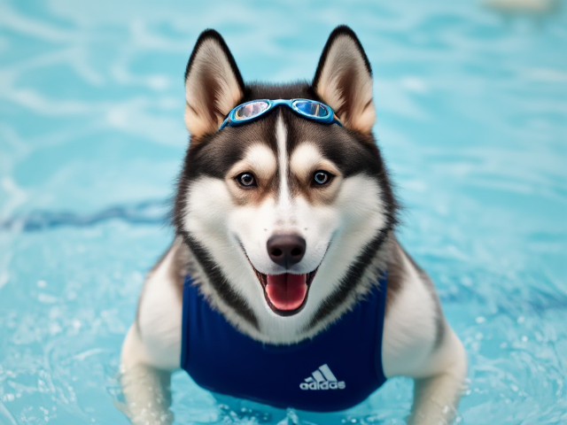 A anthropomorphic Siberian husky wearing an adidas swimsuit and swimming goggles