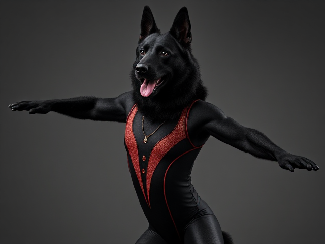 Anthropomorphic black German shepherd wearing a detailed gymnastics leotard, dynamic pose, high detail, vibrant colors, realistic fur texture