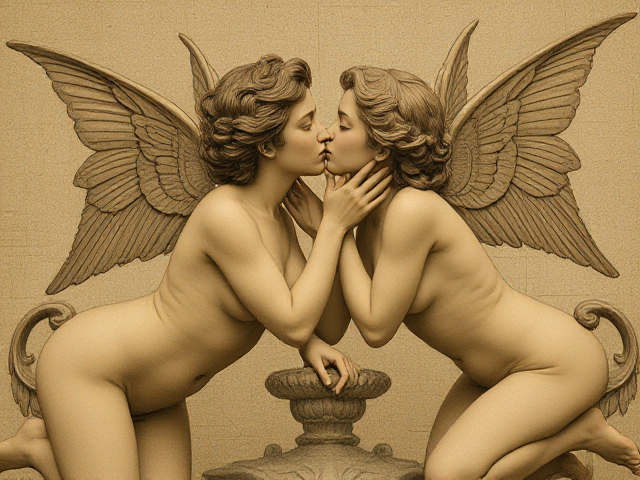 Two nymphs kissing