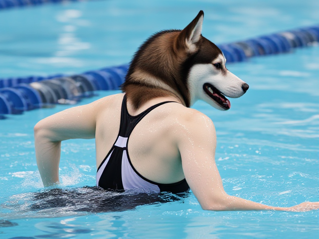 A anthropomorphic Siberian husky Olympic swimmer wearing a sportback swimsuit