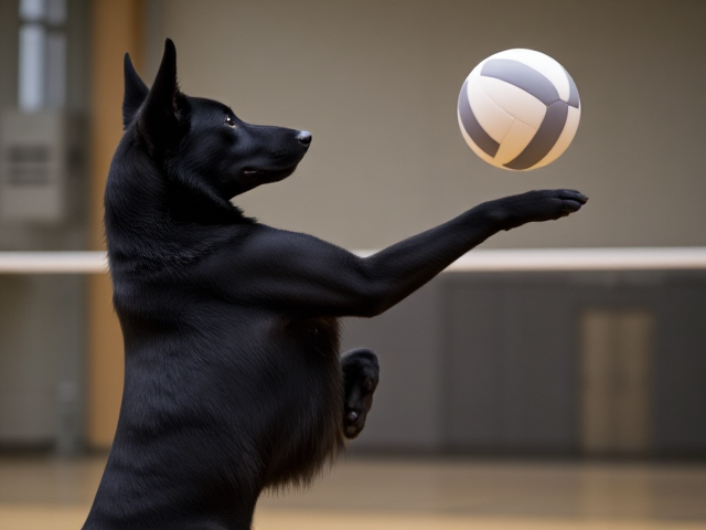 Anthropomorphic black German shepherd playing volleyball, wearing a leotard, gymnasium setting, focus on athletic build and dynamic pose