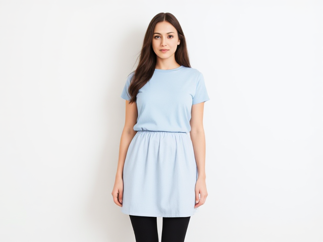 Brunette wearing a light blue t shirt and light blue knee length skirt with black leggings