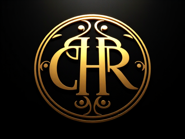 Logo doré, symbole, lettres CHR entrelacées dans un symbole élégant sur fond noir. Design raffiné, lisible et sophistiqué, alliant prestige et modernité.