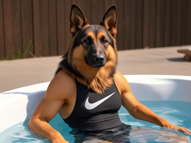 A tall and lean anthropomorphic long haired German shepherd with a long torso and broad shoulders wearing a high cut Nike one piece swimsuit and swimming goggles while sitting in a hot tub