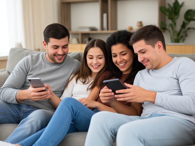 family using devices on couch, happy at home