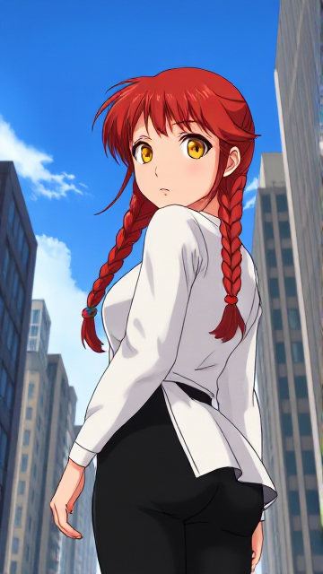 An animated female character with vibrant red hair tied in two long braids. She has striking yellow eyes and is wearing a white, open-backed shirt paired with black pants. The character is positioned against a backdrop of tall buildings, suggesting an urban setting. The sky is clear, and the overall ambiance of the image is bright and lively.