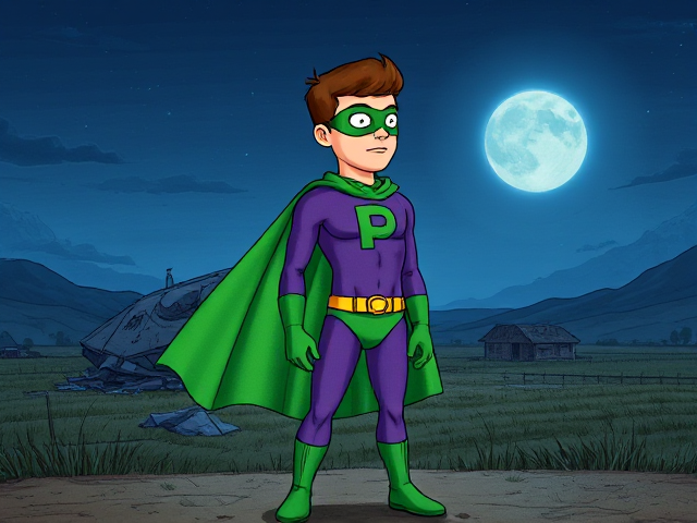 Dramatic Comic Book scene: A young, Autistic 25-year old boy with light skin and flat, smooth, and slick brown hair with a singular curled bang in the shape of a P sticking out at the front named T.J. Granger, but transformed into a genetically-altered superhero named Powerman, who, despite still being a young adult kid, has an extremely muscular body. He wears a sleek purple bodysuit with a green P symbol on his chest, a golden belt with a circular buckle, green briefs, green boots, green long-cuffed gloves, a really big, toe-length long, ultra-wide green cape wreathed around his neck, and a green eye mask that protects his true identity and also causes his pupils to magically disappear as his eyes glow an eerie white. He also has incredible and invincible superpowers flowing through his veins. In this scene, Powerman is currently standing in front of a crashed alien mothership on the outskirts of a farm at night, ready for action as he prepares to take flight for the first time and fulfill his destiny.