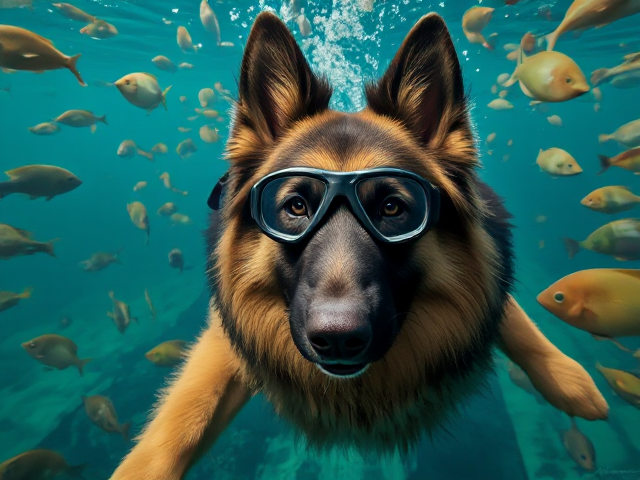 A long haired German shepherd Freediving while wearing Freediving goggles, surrounded by fish
