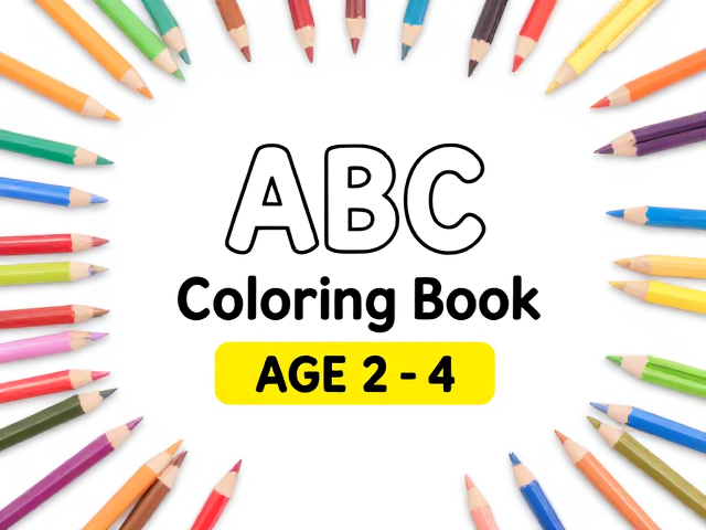 "Create a cover page with a plain white background. The title should say 'ABC Coloring Book,' and below it, a yellow bar should display 'AGE 2 - 4' in bold letters. Surround the page with colorful pencils arranged playfully around the edges. Keep the design minimal, clean, and child-friendly."
