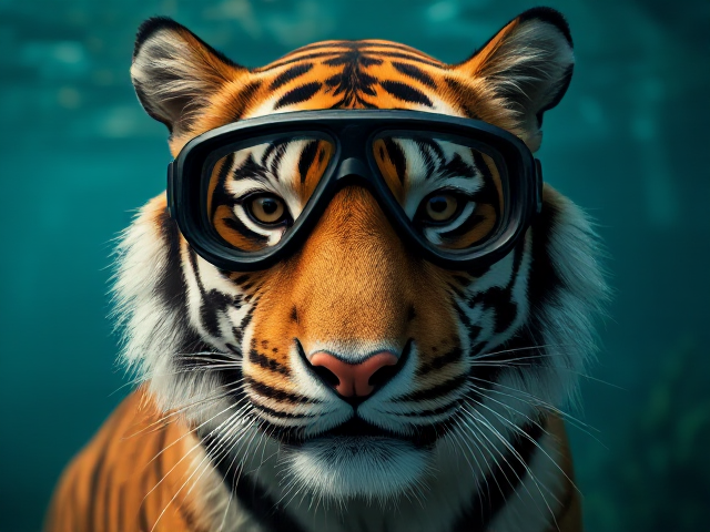 A tiger wearing Freediving goggles