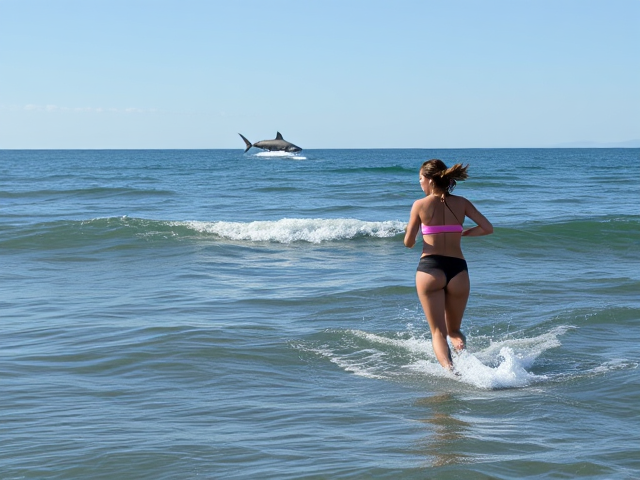 Woman running in the ocean looking in the distance while a shark jumps