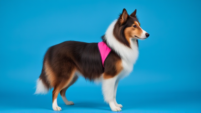 Rough collie wearing a colorful leotard, standing gracefully, focus on hips, in a vibrant setting