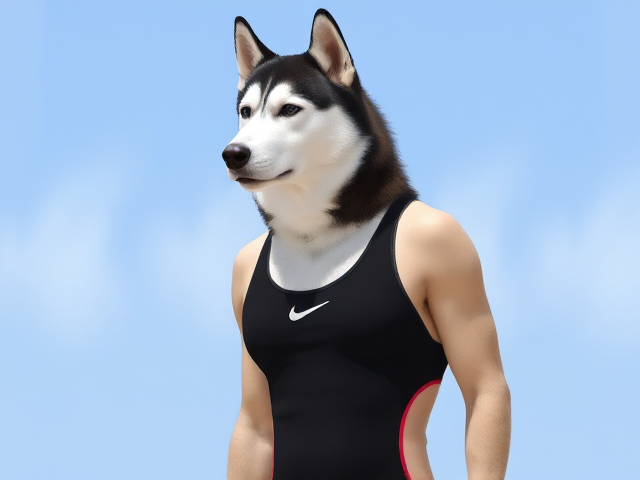 A Siberian Husky with a long torso and broad shoulders wearing a high cut Nike one piece swimsuit