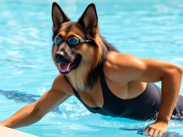 A anthropomorphic long haired German shepherd Olympic swimmer with a long torso, stretching while wearing a one piece swimsuit and swimming goggles