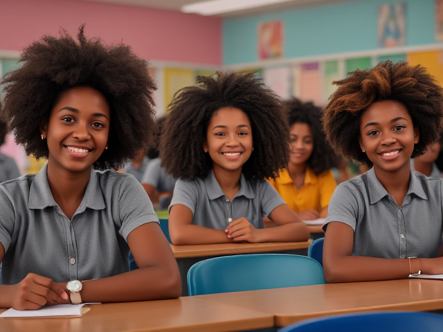 Des élèves afro-Américaines avec des tresses africaines assises dans une salle de classe de collège, ambiance studieuse et joyeuse, décor coloré et moderne