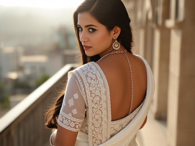Indian woman dressed in a white saree with intricate white embroidery , and elaborate traditional jewelry including bangles, earrings, and a necklace, her back turned to reveal the detailed work on the saree. And long black hair, and NO face showing. The scene is set against a background of her on a balcony in Pakistan. Don’t blur the background