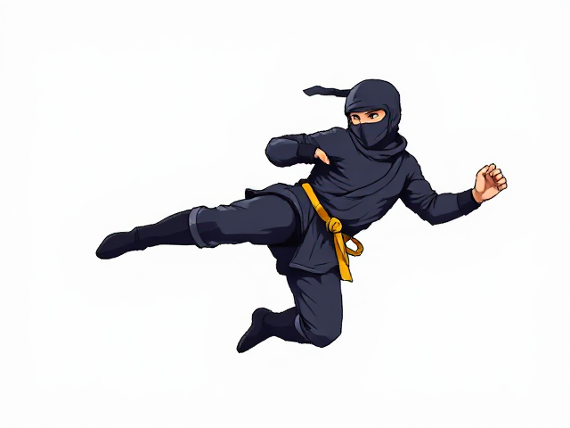 caroonish 8 bit ninja jump-kicking against a blank white background