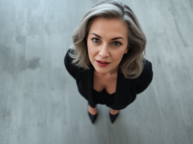 Elegant and sophisticated woman in her 50s with graceful grey hair, wearing high heels, poised and confident