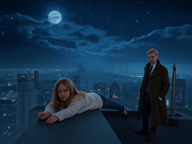A petite 12-year-old girl with strawberry blonde hair, wearing a cozy pullover and jeans, is lying on the roof ledge of a night club. She is on her back, gazing up at the night sky filled with stars. Next to her on the roof, standing nearby is a modern-day, pale skinned vampire in his late twenties, with striking blonde hair, dressed in a brown trench coat and jeans. He appears uneasy as he looks downward. A storm approaches the cityscape from the nearby