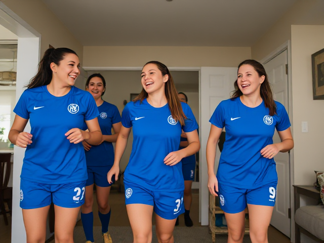 women’s soccer team in blue uniforms walks around inside suburban home, laughing hysterically and uncontrollably again and again