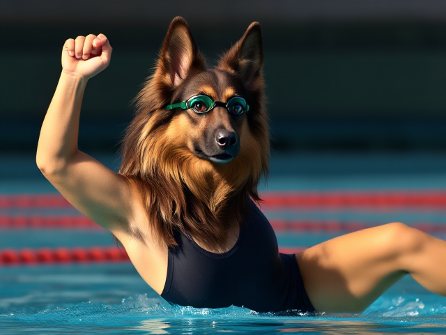 A anthropomorphic long haired German shepherd Olympic swimmer stretching her long torso, while wearing a one piece swimsuit and swimming goggles