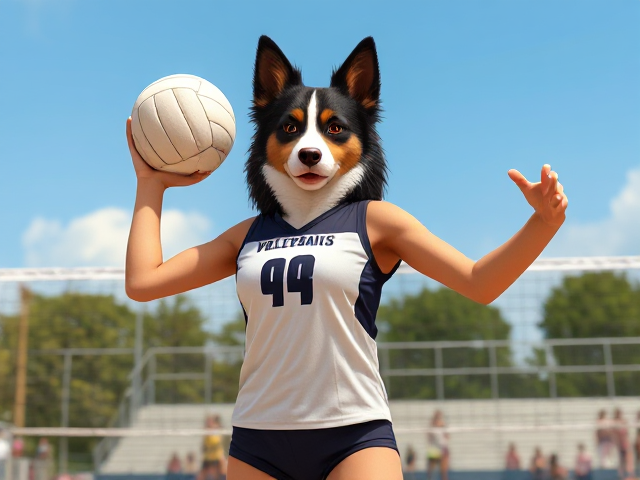 A tall anthropomorphic border collie volleyball player in her volleyball uniform