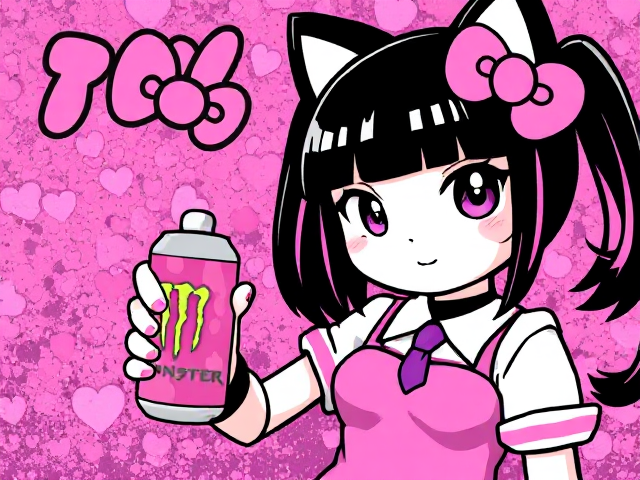 Create a picture of Kuromi the way she looks in Hello Kitty. Have her hold a pink Monster Energy