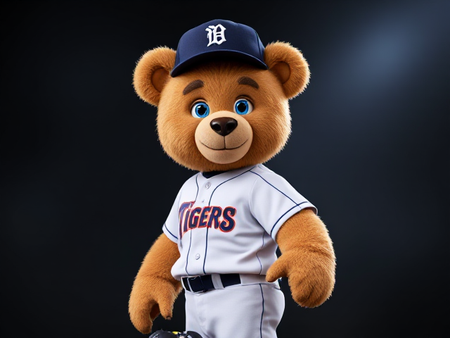 An athletic human teddy bear coconut creme colored fur blue eyes wearing a tigers uniform navy hat white jersey white baseball pants navy socks navy cleats smiling