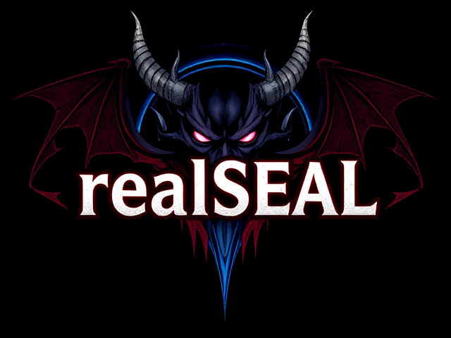 , text that says realSEAL in the middle with a demon or other mystical beings head above or behind it, color scheme: black, red, blue and white