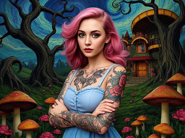 In a whimsical yet unsettling realm where shadows twist and colors pulsate, a reimagined a beautiful Alice in wonderland stands at the center, her porcelain skin adorned with intricate tattoos that weave dark and complex narratives across her arms and shoulders. Each tattoo tells a story, using bold lines and vivid colors reminiscent of Van Gogh’s swirling skies, blending with dark, gothic motifs inspired by Tim Burton's signature style. 

Surrounding her, a surreal Wonderland springs to life; the landscape is a riot of vibrant hues and distorted shapes, with gnarled trees bending and reaching towards her in an almost haunting embrace. The ground is littered with oversized, whimsical mushrooms, their caps dotted with psychedelic patterns, and they emit a faint, alluring glow in shades of deep blue and enchanting purple. 

In the background, a intriguing tattoo parlor adorned with grotesque, yet somehow charming creatures, reflecting the contrast between innocence and dark whimsy. The air is thick with an unsettling blend of sweet and sinister floral scents, as sugary blossoms intermingle with the coppery tang of something more foreboding. 

Alice's expression is a blend of curiosity and defiance, embodying a fierce independence that contrasts sharply with the traditional paragon of innocence. Her pink  hair cascading in waves, is streaked with colors that mirror the vibrant palette of the scene around her. As she gazes into the distance, her enchanting dark eyes flicker with a mixture of wonder and a hint of rebellion, inviting onlookers into a world where fantasy and reality intertwine in a beautifully chaotic embrace.