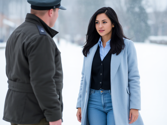 Brunette with dark black hair wearing a light blue coat with light blue jeans and blouse and a black vest on top. She is met by a military officer taller than her in the snow