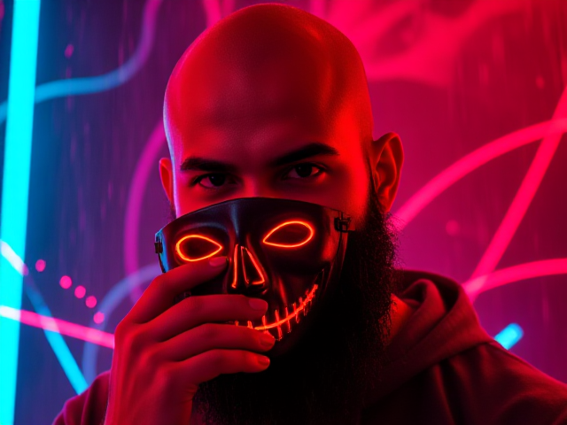 A bald young Muslim man with a bushy beard holding an Okame Mask close to their face. Neon lighting in shades of red and turquoise adds a vivid, cyberpunk aesthetic to the scene. The background features dynamic, abstract patterns and splashes of glowing, energetic lines, enhancing the fierce and mysterious atmosphere. Rain effects add to the dramatic tone, with raindrops cutting through the vibrant lighting.