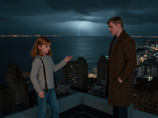 A petite 13-year-old girl with strawberry blonde hair, wearing a pullover and jeans, is standing on the roof ledge of a night club. Next to her on the roof, standing nearby is a modern-day, pale skinned vampire in his late twenties, with blonde hair, dressed in a brown trench coat and jeans. He appears uneasy as he looks at her. The girl gestures angrily at him, flailing her arms. A thunderstorm approaches the cityscape from the sea shore. Set at night.