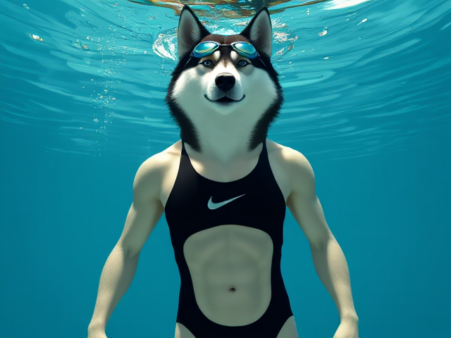 A tall and lean anthropomorphic Siberian husky with a long torso and broad shoulders, wearing a black Nike one piece swimsuit and swimming goggles, underwater