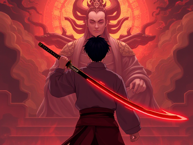 A man with short black hair, wielding a magical glowing red and black Chinese-style straight katana in his right hand down, wearing traditional Chinese mythology clothing. He is facing away, staring at the enormous figure of Shangdi, the god of all gods, who is sitting cross-legged in front of him. The scene is depicted in an anime style