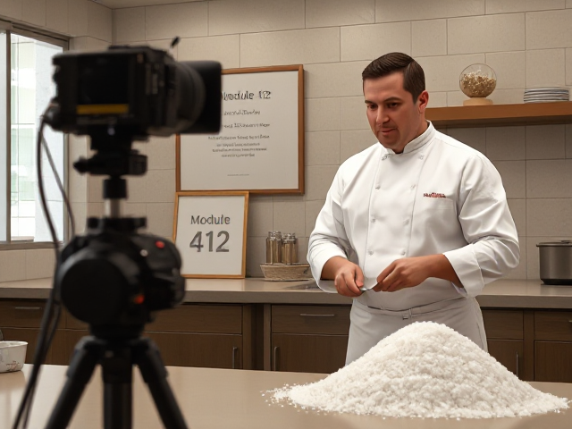 A chef stands in a kitchen in front of a counter.  There is a camera pointed at him.  There is a pile of salt.  The chef is chopping salt and talking to the camera.  A poster says "Module 412"