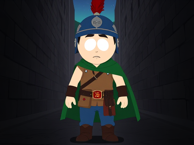 Dramatic South Park scene: Stan Marsh from South Park, light skin and black hair, but as a 14-Year Old teenager with a muscular torso, dressed as a medieval warrior, wearing a light brown tank top, a black belt with a red buckle adorned with a castle emblem with brown pouches and the scabbard for his enchanted sword attached to it, blue jeans, steel armored boots, jeweled wrist cuffs, a really big, heel-length long, ultra-wide green cape held up by two silver buttons with red jewels with a strong unbreakable wire connecting them both, and a blue helmet with buffalo emblems on both sides, outlined by silver steel rims going around and across the top, with a really long red feather sticking out at the top. He is now known as Sir Marsh. Despite still being a teenage kid, he is the Youngest Commander of the Zaronian Army, and one of the youngest and greatest heroes hailing from South Park, Colorado, but now reborn as the real life Kingdom of Kupa Keep, Zaron. In this scene, the young teenage hero is currently standing in a dark alleyway, awaiting the arrival of someone he knows.