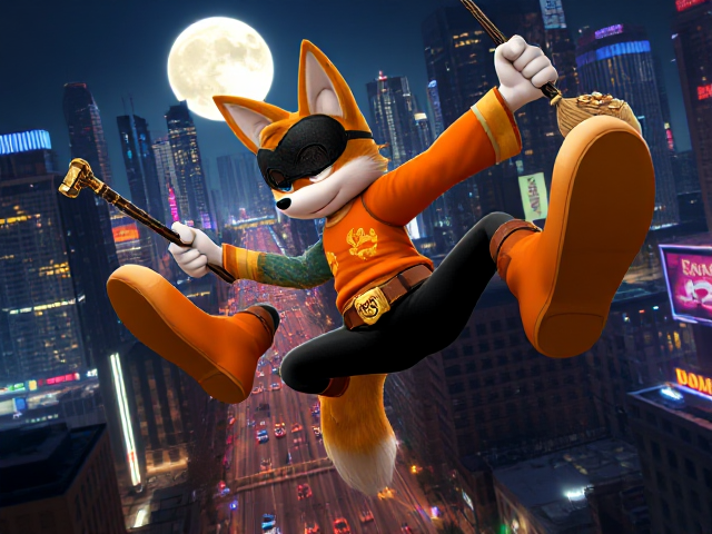 Miles "Tails" Prower, the two-tailed anthropomorphic fox, dynamically swinging on a rope in a massive neon-lit cityscape at night under a full moon. Tails grips an intricately designed cane with a gold hook at the tip in one hand and a bag of cash spilling coins from the other. He is wearing a sleek black domino thief mask to hide his identity , an orange long-sleeved shirt adorned with subtle patterns, matching high-tech orange boots, and a brown leather belt featuring his iconic logo as the belt buckle and no pants. Down on the streets below are numerous cop cars trying to chase and capture Tails. The background showcases towering skyscrapers and bustling streets filled with vibrant activity below