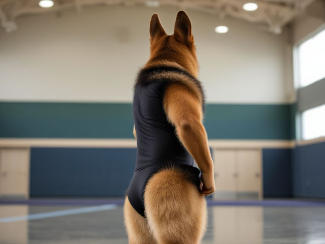 A anthropomorphic German shepherd with a strong butt wearing a gymnastics leotard in a gymnasium