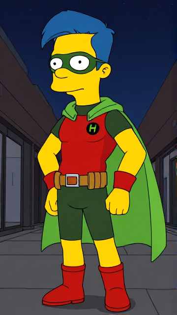 Cartoon scene: Milhouse Van Houten from The Simpsons, with his yellow skin, really big round nose, and blue hair that's slicked back and curled up at the top, but as a tall, 18-year old teenager, dressed as a parodied version of Robin, The Boy Wonder, with an extremely muscular body, wearing a dark green bodysuit with a red torso adorned with a small black circle with a light-green "H" symbol on his left pectoral, a silver utility belt with a red square buckle with silver pouches attached to it that hold all of his unique gadgets, red boots, red long-cuffed gloves, a really big, toe-length long, ultra-wide light-green cape wreathed around his neck held up by an inverted silver triangular button, and a light-green eye mask with optical lenses in it that protects his true identity, now known as Houseboy, The Nerd Wonder, the other half of Springfield's Dynamic Duo, and one of the greatest vigilante superheroes ever known in Springfield. In this scene, Houseboy is currently standing in a dark, abandoned mall at night, investigating the scene of the crime.
